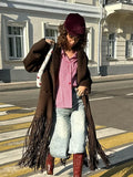 IFOMT Women Fashion Brown Tassels Patchwork Woolen Overcoat Elegant Turn-down Collar With Pocket Long Coats Autumn New High Streetwear