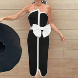 IFOMT 2024 Black & White Spliced Swimsuit Women'S Elegant Tube Top Bow Belt Bikini Irregular Hip Beach Skirt Vintage Pool Swimwear