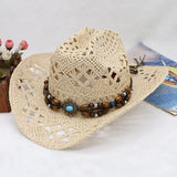 IFOMT Straw Hat  Women Men Summer Handmade  Vintage Hollow Western  brim Sun Protection Fisherman Mountaineering Bohemian Chain Jewel