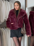 IFOMT Fashion Oversized Turn Down Collar Fluffy Faux Fur Coat Women Vintage Burgundy Warm Jacket Coats 2024 Winter Lady Street Outwear