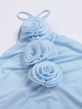 IFOMT Sexy Halter Neck 3D Flower Bodycon Long Dress Women Light Blue Sleeveless Lace-up Floor Length Dress Evening Party Club Dresses