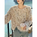 IFOMT Korean Chic Sequin Tassel Sweaters Mujer 2024 Autumn New O-neck Plush Knitted Pullover Y2k E-Girl Long Sleeve Tops Women