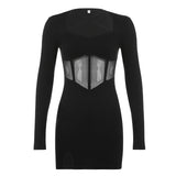 IFOMT Square Neck Mesh Patchwork See-through Dress