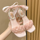 IFOMT  Cute Pink Lace Bowknot Sandals for Women Summer Pearl Ankle Strap Clear Chunky Heels Sandals Woman Party Dress Pumps Shoes