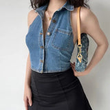 IFOMT Spring Outfit 2024 New Retro Sexy Style Tight-fitting Thin Casual Denim Vest Women's Solid Color Lapel Short Tank Top