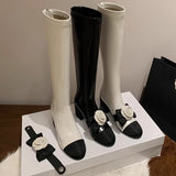 IFOMT Flower Round Toe Knee High Boots Block Heels Mixed Color Patchwork Women Sexy Sweet Autumn Fashion Boots Casual Shoes