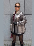 IFOMT Shiny Sliver Fur Leather Patchwork Short Coats Women Fashion Lapel Single Breasted Pocket Jacket 2024 New High Street Outwear