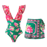 IFOMT 2024 Women Swimwear With Cover-up Swimsuit Ruffle Dongbei Printed Deep V One-piece Monokini Kimono Bikini Suit Summer Beachwear