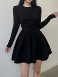 IFOMT Black Long Sleeve O Neck Pleated Dress