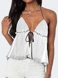 IFOMT Women Sexy Halter Tie-up Vest Tops Y2k Texture Ruffle Patchwork Sleeveless Backless Open Front Tie-up Split Camisoles Streetwear