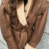 IFOMT Vintage Elegant Irregular Hem Plush Lapel Coats Lace Up Brown Patchwork Coats Women Pockets Loose Jacket With Belt 2024 Outwear