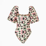 IFOMT Print Twisted Flower Puff Sleeve Swimsuit Fashion High Waist One Piece Bikini Retro Square Neck Slim Swimwear Sexy Backless