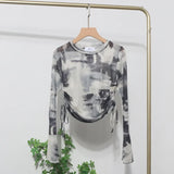IFOMT Women's Sexy See Through Tie Dye Print Mesh Long Sleeve T-shirt Drawstring Lace Up Short Bell Sleeve Top Casual Streetwear 8929