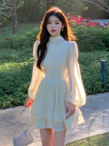 IFOMT French Elegant Slim Ruffle Dress Summer Women Graduation Evening Party Robe Female Bubble Sleeve Korean Chiffon Vestidos