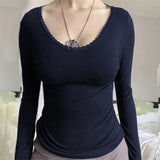 IFOMT Women Y2k Chic Long Sleeve Bow Shirt Top Cute Lace Trim Solid Square Neck Crop Tee Top Slim Fit Pullovers Tops Grunge Streetwear