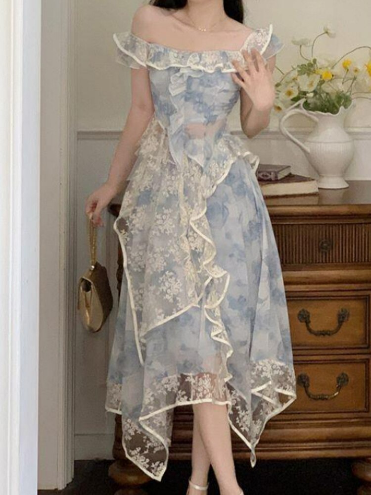 Sweet Elegant Princess Dress Women Summer Vintage Floral Print Long Dress Irregular Off Shoulder Lace Splice Ruffles Party Dress
