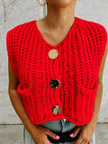 IFOMT Fashion Sleeveless Knitted Cardigan Vests For Women Autumn New Short Sweater Button With Pockets Solid Color Knitted Top