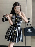 IFOMT High Street Newest 2024 Fashion Elegant Houndstooth Knitted Dress For Women Sleeveless Sexy Summer Dress Casual Party Dresses