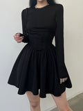 IFOMT Black Long Sleeve O Neck Pleated Dress