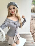 IFOMT Off Shoulder 3D Flower Gray Tops Women 2024 Early Autumn New Slim Fit Sweaters Mujer Y2k Long Sleeve Knitted Cardigan