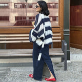 IFOMT Fashion Striped Sweater Cardigan With Scarf Female Loose Thin Hollow Knitted Top Lantern Sleeve Contrast Color Retro Top