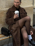 Retro Brown Suede Leather Overcoats Women Fashion Single-breasted With Belt Long Coats 2024 Winter Street Commute Outerwear ﻿
