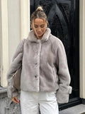 IFOMT Women Fashion Grey Faux Fur Lapel Warm Jackets Oversized Long Sleeve Crop Warm Coat 2024 New Winter Lady Thickened Outerwear