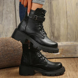 IFOMT  Belt Buckle Platform Combat Boots Women Chunky Heels Lace Up Ankle Boots Woman Side Zipper PU Leather Short Booties Plus Size 43