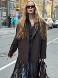 IFOMT Women Fashion Brown Tassels Patchwork Woolen Overcoat Elegant Turn-down Collar With Pocket Long Coats Autumn New High Streetwear