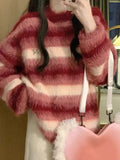 IFOMT Vintage Red Striped Gradient Mohair Lazy Sweater Autumn Winter New Knitted Pullover Y2k O-neck Long Sleeve Loose Tops Mujer