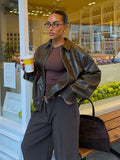 IFOMT Vintage Pu Leather Zipper Short Jacket Women Fashion Long Sleeve Stretch Hem Pockets Coat 2024 New High Street Chic Outerwear