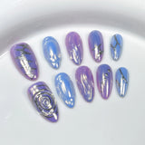 IFOMT 10pcs almond fake nails with 3D gold ripple design colorful Press on nails medium full over Decorated false nails Art summer