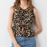 IFOMT Fashion Leopard Print Tie Front Vest for Women Y2k Cheetah Print Peplum Tank Top Ruffle Hem Sleeveless Going Out Wear