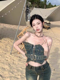 IFOMT Spring Outfit Korean style Fashion Sweet Sexy Retro Version Denim Strapless Tank Top for Summer Women Vests Skinny Crops Top
