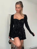 IFOMT  Fashion Sexy 2024 Winter Square Collar Sequins Black Dress Women Long Sleeve High Waist A-line Shiny Evening Party Short Dresses