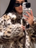 IFOMT Fashion Leopard Faux Fur Women Jacket Vintage Long Sleeves Turn-down Collar Female Cardigan 2024 Winter Loose Warm Lady Coats