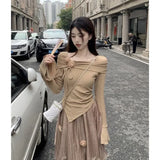 IFOMT Fashion Irregular Long Sleeve Slim Fit Tops Women+ Y2k E-Girl High Waist Ruched A-line Skirts 2024 Autumn Two Piece Sets