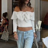 IFOMT Bows One-Shoulder Knitted Sweater For Women Sexy Navel Exposed Long Sleeve Ribbed Top Pullover Female Slim Autumn Fashion