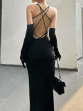 IFOMT Black Strap Backless Evening Party Dress