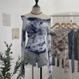 IFOMT Women's Retro One Shoulder Tie Dye Print Mesh Long Sleeve Top Irregular Pleated Slim T-shirt Blouse PartyClub Wear Streetwear