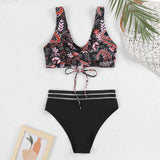 IFOMT Lace Up High Waist Bikini 2024 Woman Swimsuit Women Swimwear Bathing Suit Padded Push Up Floral Print Swimsuit Women Bikini Set