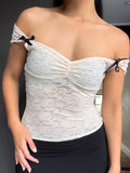 IFOMT Women's Y2K Vintage Floral Lace Summer Crop Tops Slim Fit Off Shoulder Front Ruched 3D Bow See Through Short T-Shirts