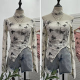 IFOMT Women's Retro Pink Butterfly Halter Distressed Distressed Long Sleeve T-Shirt Hot Girl Skew Collar One-Line Collar Slim Fit Top