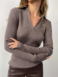 IFOMT Elegant Lapel Knitted Pollovers For Women Slim Striped Solid Color Polo Sweater Long Sleeve Female 2024 Autumn Fashion