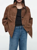 IFOMT Fashion Brown Single Breasted Short Jacket Women Lapel Long Sleeve Loose Coats With Pockets 2024 Autumn Lady Casual Outerwear