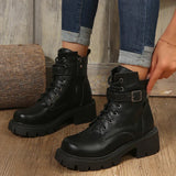 IFOMT  Belt Buckle Platform Combat Boots Women Chunky Heels Lace Up Ankle Boots Woman Side Zipper PU Leather Short Booties Plus Size 43