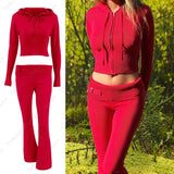 IFOMT Women Spring Outfits Casual Zipper Sweater Hoodie Set High Waist Flare Pants Suits Pink Knitted Womens Y2k Two Piece Set