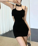 IFOMT Spring Outfit Summer Black Hollowed Out Elegant Chain Sexy Halter Mini Dress For Women Off-shoulder Backless Bodycon Club Party Wrap Hip Dress