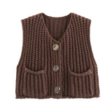 IFOMT Fashion Sleeveless Knitted Cardigan Vests For Women Autumn New Short Sweater Button With Pockets Solid Color Knitted Top
