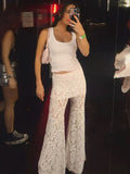 IFOMT Women's Lace Long Pant Sets Sexy See Through Slim Cardigan Top High Waist Trousers Female Fashion Matching Sets Autumn